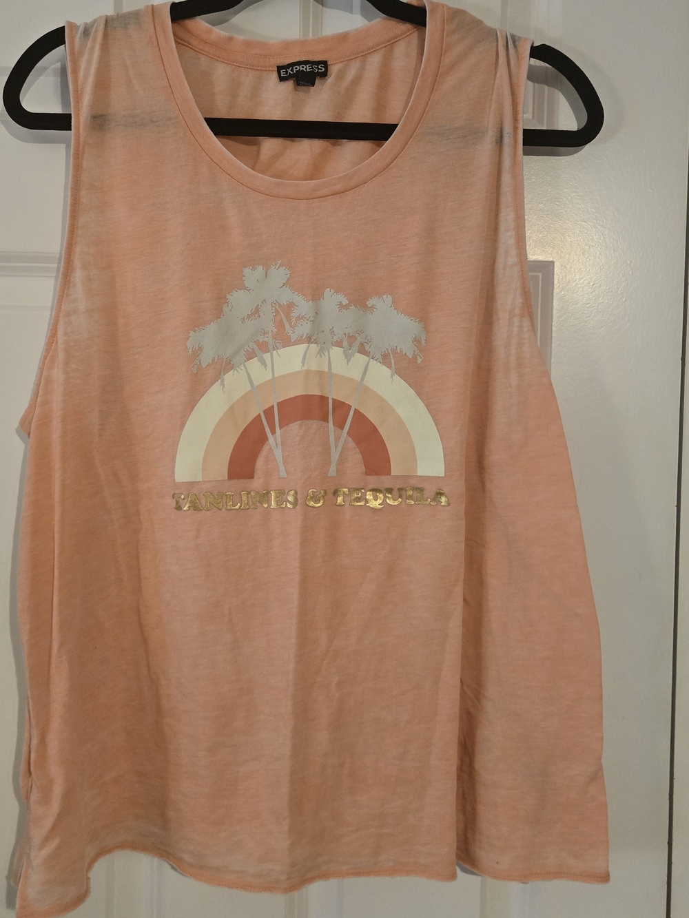 Express Peach Graphic Tank with Palm & Rainbow Foil Detail